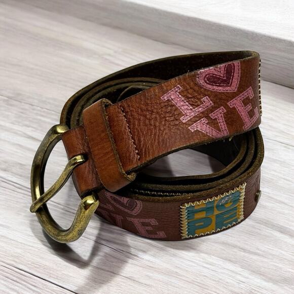 Fossil Floral Embroidered Brown Leather Belt Size Large 36-40 Applique Embossed - Picture 1 of 10
